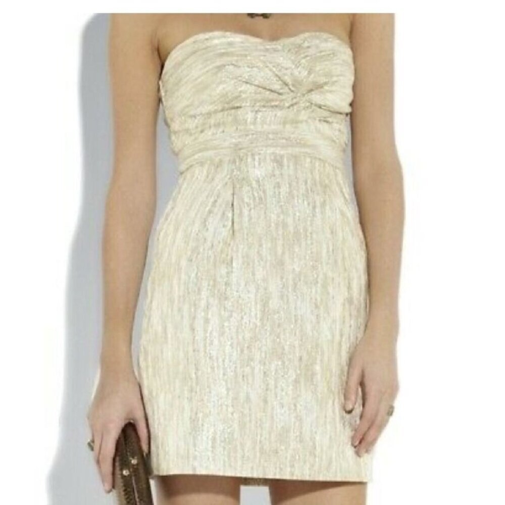 Tibi Gold Metallic Mara Strapless Knot-Front Mini Dress Size‎ 4